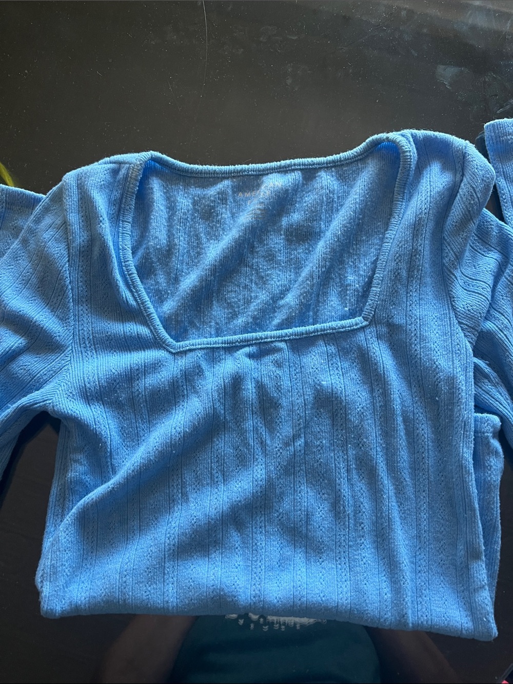 American Eagle Square-Neck Ribbed Long Sleeve Soft Top in Blue